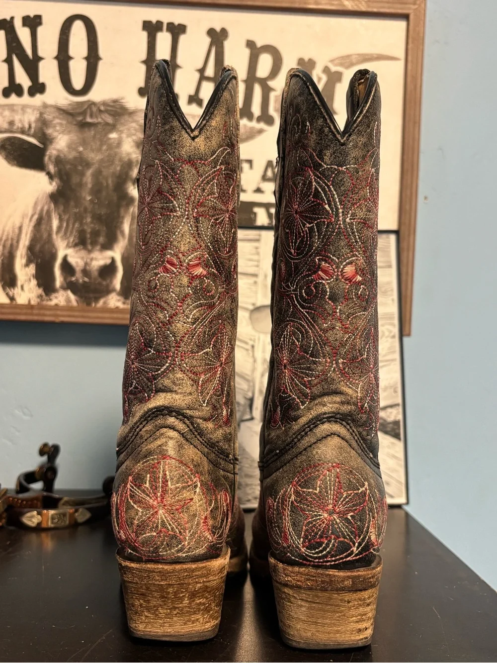 Girls' Corral Cowboy Boots with Red Embroidery